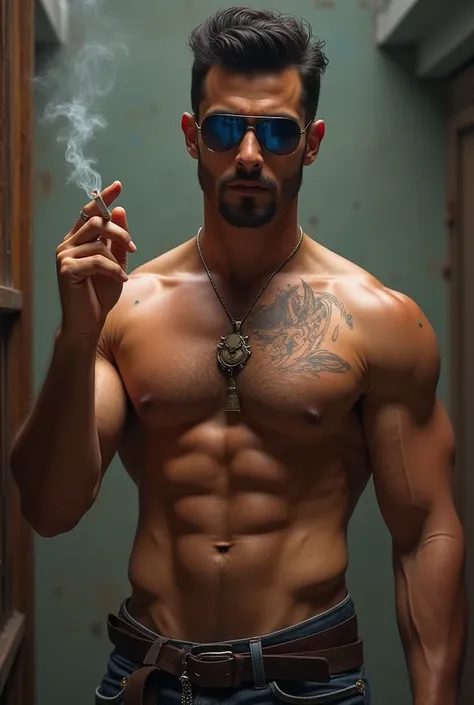 Shirtless indian mafia, six pack abs breaSt,hairy chest, hairy body , hot, dashing quiff haircut, blue eyes, sharp jawline, pointed nose, ciggerate, sunglasses 