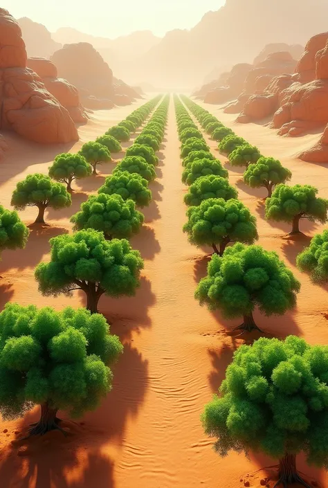 Thousands of green trees in a line in desert 