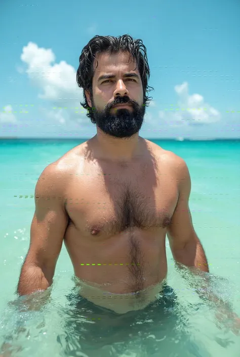  A young man between 25 and 30 years old ,  of athletic build and defined musculature ,  emerging from the water on a tropical beach .  His dark hair is wet and slightly messy ,  while drops of water shine on his tanned skin under sunlight .  His expressio...