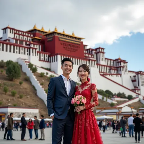 Front view， in front of the majestic Potala Palace ，A group photo of the couple taking a full-body photo， couples occupy 1 of the screen/3 tall （ best quality，4K，8k，High level，masterpiece：1.2）， super detailed，（realistic，Photo real，Photo real：1.37）Complex p...