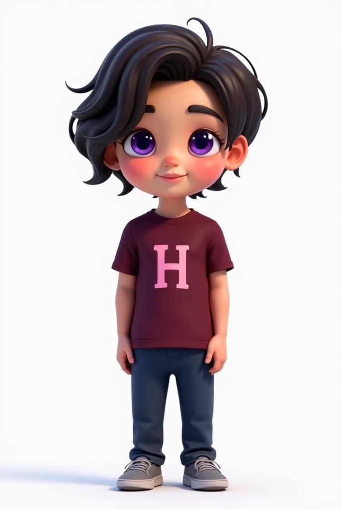 A imaginary friend with dark brown hair, wine color, t-shirt, dark blue pants, and grey shoes. The character has purple eyes and a light skin tone. The t-shirt has a faded pink "H" on the front. The character is shown from a slightly elevated, three-quarte...