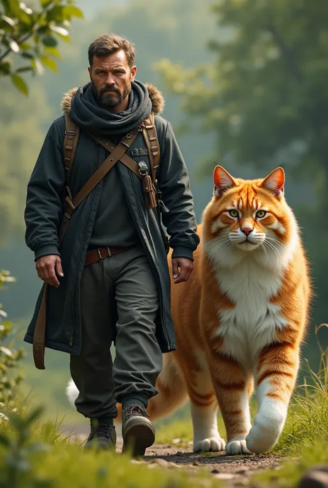 Man walks alongside three-coloured Persian big cat