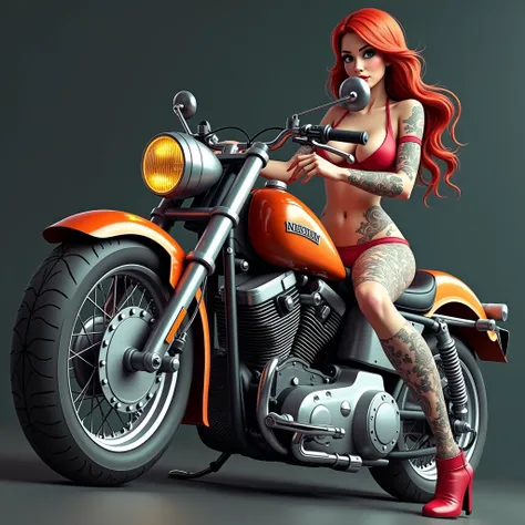  with semi-high handles ,  Norton deposit ,  Harley Davidson Cafe Racer Motorcycle,  wheels with studs , And redhead women ,  mature women with tattoos with big breasts and wide hips 、 wear transparent lingerie  ,  have visible nipples and vaginal lips .