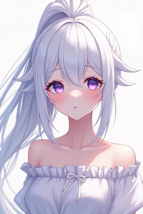 white hair, pigeon shaped hair, pony tail, ahoge (masterpiece_1.5), (best quality_1.2), bishoujo, medium_hair, white_hair, hair_between_eyes, ponytail, huge_ahoge, Purple_eyes 알몸