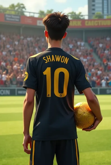 A 20-year-old handsome boy is standing on the field wearing a black cooler  jersey, and holding a gold-colored football, the boys name is written on the back of the jersey "Shawon" and the jersey number is "10" and everyone is sitting on the sidelines clap...