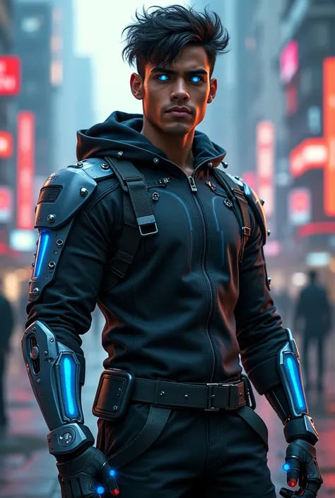 Here’s a detailed prompt to create an image of a young, handsome, fit, modern cyborg from India under 25:

**Prompt:**  
"An ultra-modern cyborg, a young Indian male under 25, with a fit and athletic build. His skin is a rich brown tone, with sleek metalli...