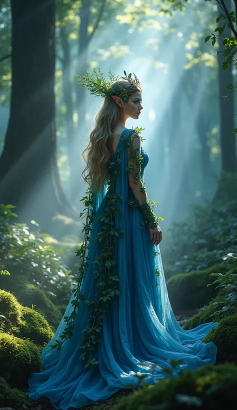 The enchanted elf queen stands in a mystical forest, her bright blue eyes shining softly in the dim light. She wore an intricate gown made of woven vines, glowing indigo blue, and delicate moss, blending harmoniously with the natural surroundings. Her long...