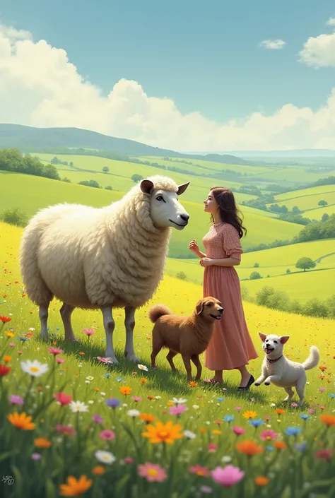 Sheep are male ，A dog plays for a woman with two small animals on an endless prairie with flowers