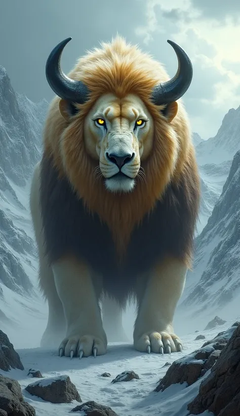 A powerful hybrid creature in snowy mountains, blending lion, polar bear, and buffalo traits. It has a thick furred body, golden mane, curved horns, and glowing yellow eyes. The snowy peaks and cloudy sky remain constant, adding a mythical touch.