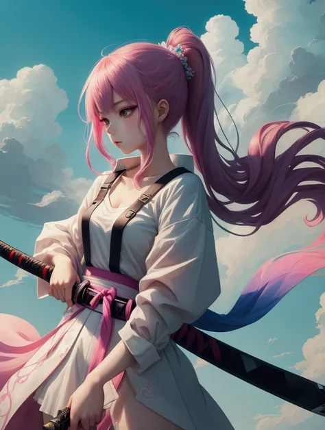 anime, modern girl, Digital art, Delicate and unstable line drawing, wielding an oversized giant katana, Modern clothing, coloful, Spectacular backdrop,