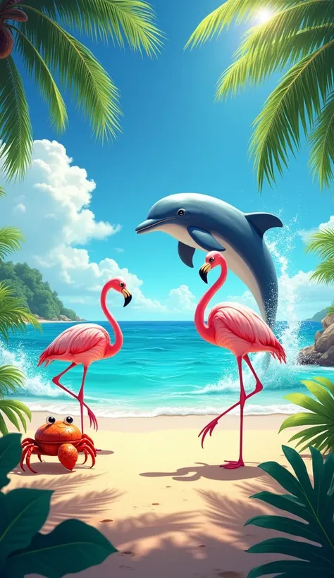 A tropical beach with a dolphin, flamingo, and crab. The dolphin leaps through the waves, the flamingo stands on one leg, and the crab scuttles across the sand.