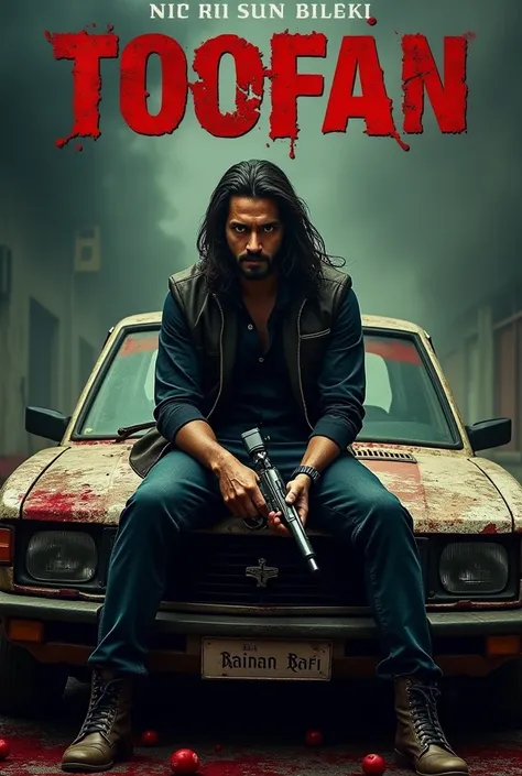 The image is a movie poster featuring a man with long hair and bloodstains, sitting on a car with a gun in hand. The title "TOOFAN" is prominently displayed at the top, and the film is directed by raihan Rafi.Shakib khan 