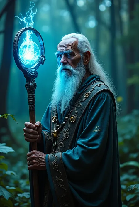 An elderly shaman with flowing robes and intricate metallic tattoos stands in a glowing forest clearing. He holds a futuristic staff emitting a pulsating blue light. His face is deeply lined, yet his eyes are calm and wise. The setting combines natural fol...