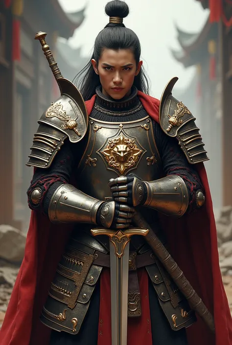 paladin, heavy armor, Japanese face, long sword, beautiful, around 25 years, experienced, gleaming armor