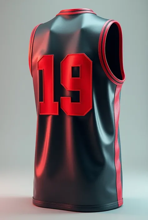  has the basketball jersey ?  So its sleeveless red with stripes and black numbers with white and black borders.
 I need you to make an image with it being actually black , With short sleeves only the back ,  on the back you put the numbers right 19 ,  and...