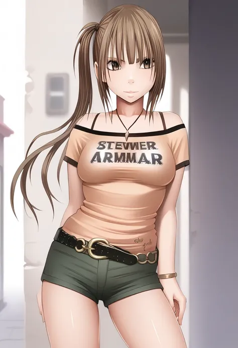 score_9, score_8_up, score_7_up, BREAK source_anime, masterpiece, 
1girl, solo, nagumo sayuki, long hair, side ponytail, brown hair, brown eyes, large breasts, shirt, bare shoulders, clothes writing, short shorts, bra strap, belt, necklace, bracelet, 
stan...