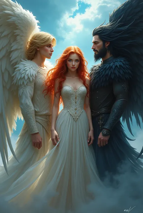  make a book cover : a girl wearing a beautiful dress with red hair and brown eyes,  on her right side a blond man with blue eyes with wings  (An angel),  on her left a man with black hair and black eyes with wings (a demon)