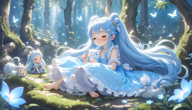 Land of the Dwarfs 、 fairy tale、Little cute little characters are watching around the beautiful girl with huge light blue long hair 、 Beautiful Girl with Twin Tails 、sleeping in the forest、Tiny little cute little characters are watching around the pretty g...