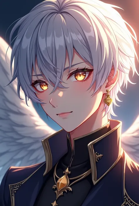  Anime man looks impressive and heavenly as well as extremely handsome.
 He usually wears elegant, dark clothes ,  often with gold or silver details that highlight his angelic status .
,eyes, intense color, like black or gold ,  sometimes shining with supe...