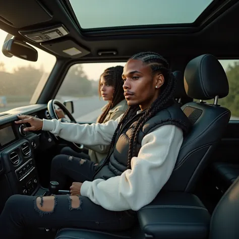 close up shot with a Sony A7 III, an african american male, a very tall 67" 20 year old light brown skin african american male with rapper inspired tattoos and medium length black cornrow braids sitting inside the driver seat of a mercedes benz g wagon suv...