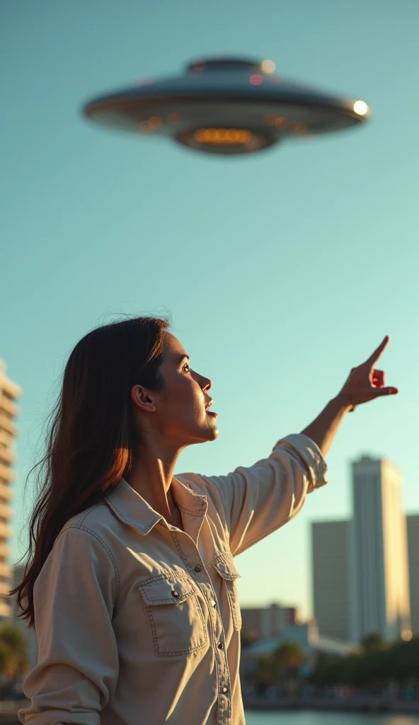 a woman pointing to a UFO in the United States in Orlando