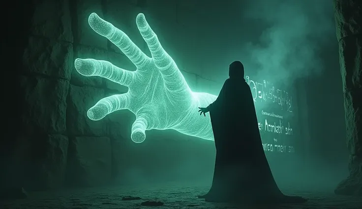 A brilliant and unearthly giant hand writes Aramaic letters on the wall, with a ghostly glow