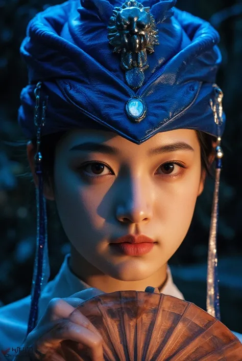 Ultra-realistic, ultra-high quality, extremely beautifully detailed 8K masterpiece of 1 beautiful woman in mk1 blue outfit with mask holding war fan in close-up beauty shot in enchanted forest at night, extremely detailed gorgeous eyes and perfect sexy bod...