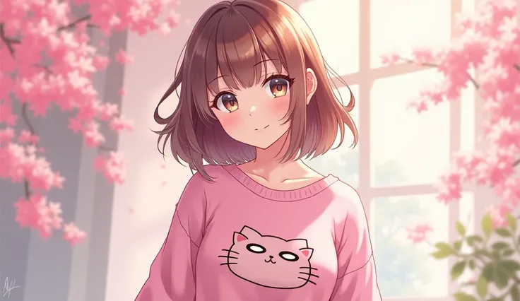  A beautiful woman , wear a pink sweater with a cat print ,  anime style 