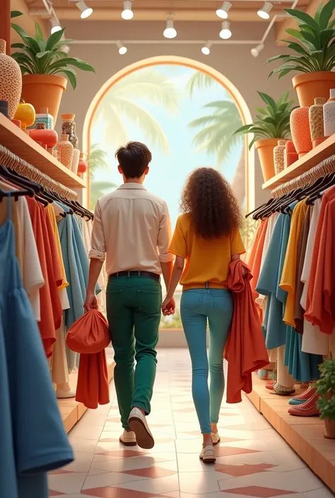 A man wearing dark green pants and a woman wearing light blue pants go shopping and choose clothes and shoes. The woman has several clothes in her hands. There are various ornaments in that shop.people in the shop.