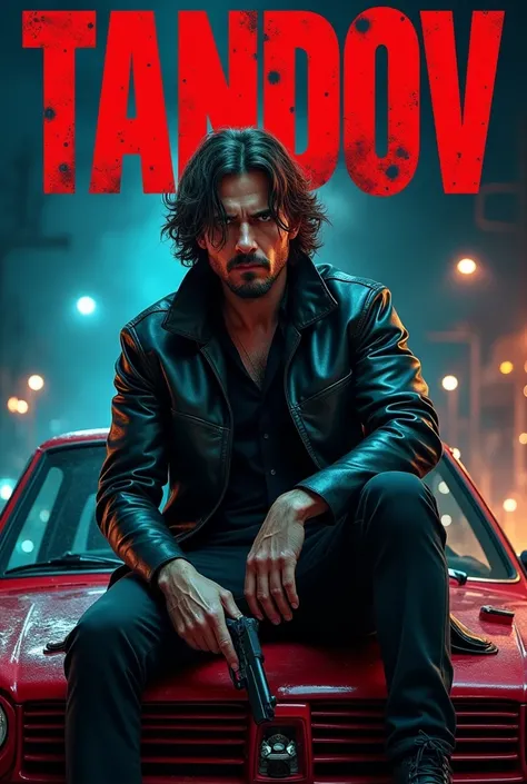 The image is a movie poster featuring a man with medium hair and bloodstains Gangster costume , sitting on a car with a gun in hand. The title "TANDOV" is prominently displayed at the top, and the film is directed by raihan Rafi.Shakib khan 