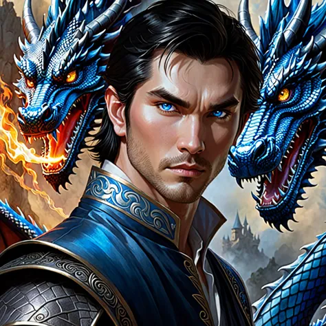 
 The image is a book cover depicting a man with smooth dark and dark hair ,  that seems to be fused with a blue dragon . 


 The mans face is in profile , looking to the right,  and has sapphire blue eyes that contrast with his pale skin .  His expression...