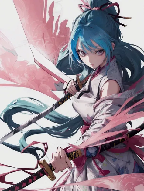 anime, modern girl, Digital art, Delicate and unstable line drawing, wielding an oversized giant katana, Modern clothing, coloful, Spectacular backdrop,