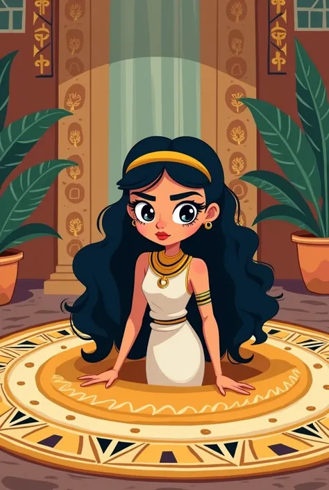 Peux tu me créer une image pour enfant illustrant cleopatre se cachant dans un tapis enroulé style dessin animé 