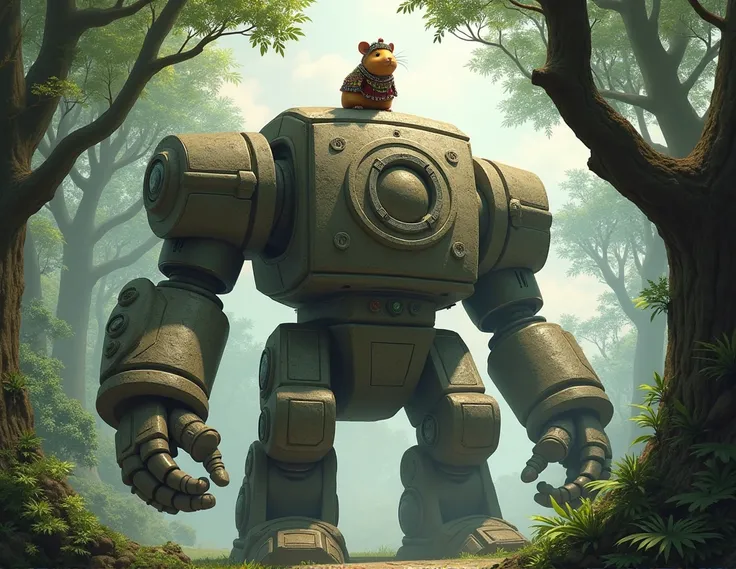 In a forest, a giant 20-meter robot, built of rock, on top of which is a small guinea pig dressed as an Inca
