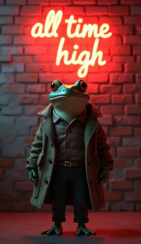 Frog wearing coat pant And facing the wall, in Wall Written "All Time High" Neon Effect 