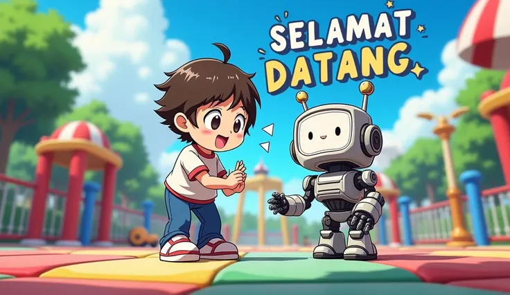 A lively and colorful anime-style scene featuring a playful  in a vibrant playground. The  is dressed in casual anime attire and is excitedly playing with a robot friend. The background features the "Selamat Datang " logo, with the words floating in a dyna...