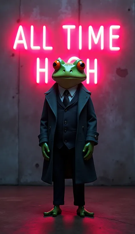 Frog wearing coat pant And facing the wall, in Wall Written "All Time High" Neon Effect , First Alphabet Of every letter must be in capital