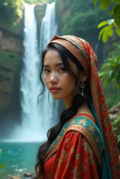 An Indonesian woman with a beautiful face wearing a headscarf stands in front of a beautiful natural waterfall