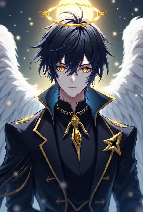  Anime man looks impressive and heavenly as well as extremely handsome.
 He usually wears elegant, dark clothes ,  often with gold or silver details that highlight his angelic status .
 Intense black hair that is brushed back is short and messy and shiny a...