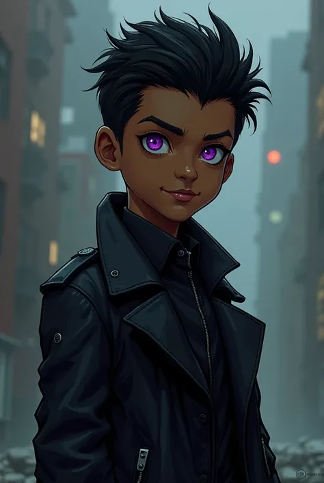 A young African American boy, age 13, with purple pupils and black sclera eyes, short hair, mysterious with a sinister smile, supervillain, lean and wiry build, giving a sense of agility, wearing dark, edgy clothing with a hint of punk style, wears a long ...