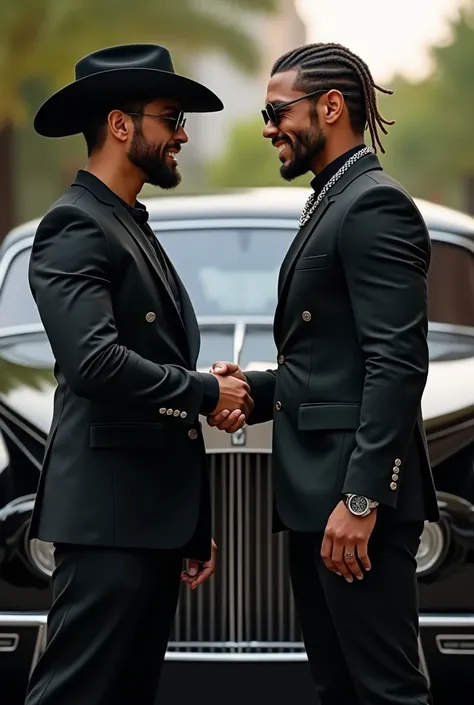  Two realistic male friends ,  they both have a strong and determined appearance .  One has a medium-light skin tone ,  with short straight hair and wears a cowboy hat /countryside, wears a black suit, 3 pieces ,  tie and black shoe ,  The accessories incl...