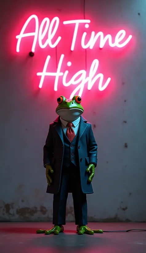 Frog wearing coat pant And facing the wall, in Wall Written "All Time High" Neon Effect , First Alphabet Must be in capital 