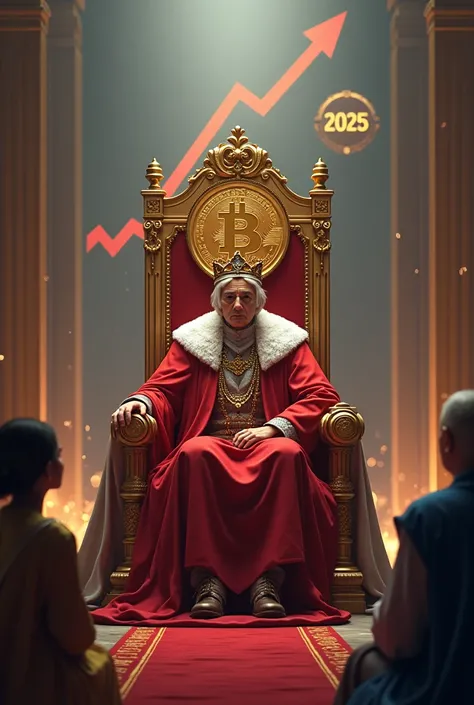 Bitcoin wearing a crown, sitting on a throne, with ETH, SOL, and SUI looking up in admiration. A rising stock chart and the year 2025 are in the background. Style: grand, majestic, powerful.