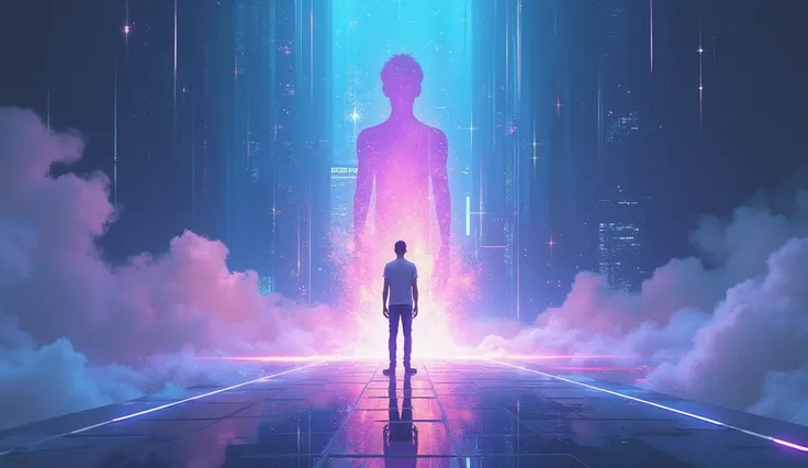 "Create a vibrant and emotional EDM-inspired artwork that depicts the theme of longing for someone who has passed away. The scene should have a futuristic, ethereal vibe, with a lone figure standing on a glowing platform surrounded by pulsating light waves...