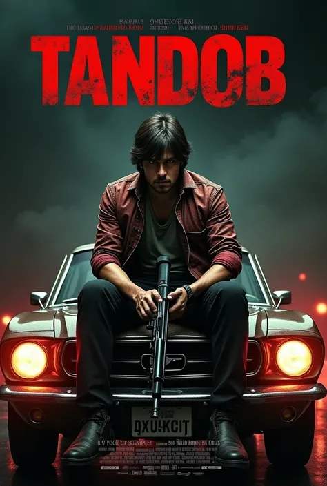 The image is a movie poster featuring a man with medium hair and bloodstains Gangster costume , sitting on a car with a machinegun in hand. The title "TANDOB" is prominently displayed at the top, and the film is directed by raihan Rafi.Shakib khan 