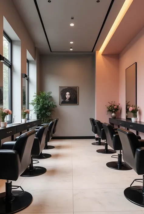 Create an elegant hair salon with gray and pink walls and black chairs