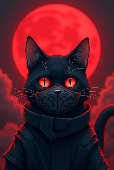 A meme with a cat mask from Naruto anime, In the red moon , funny design  