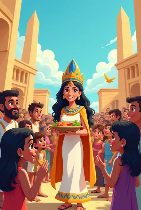 Peux tu me créer une image pour enfant illustrant cleopatre distribuant de la nourriture a son peuple pauvre dans un style dessin animé 