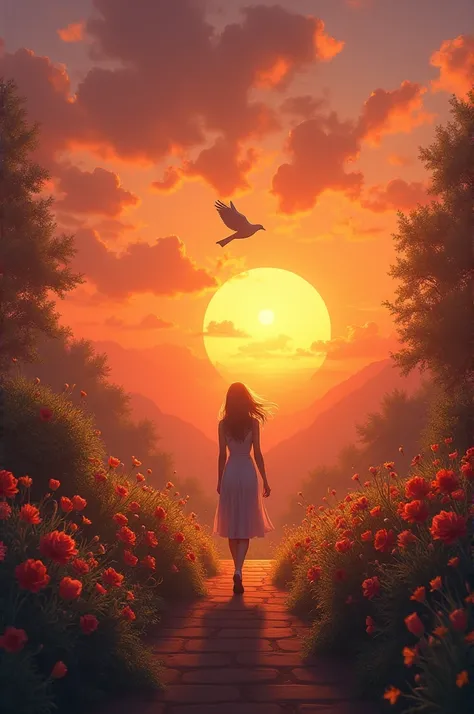 A beautiful sunset with vibrant orange colors, loneliness creeping, and a whisper of hope in the heart. A new step awaits, no more loneliness. I release myself from the shackles of silence, like a bird soaring high, amidst a beautiful mesmerizing flower ga...