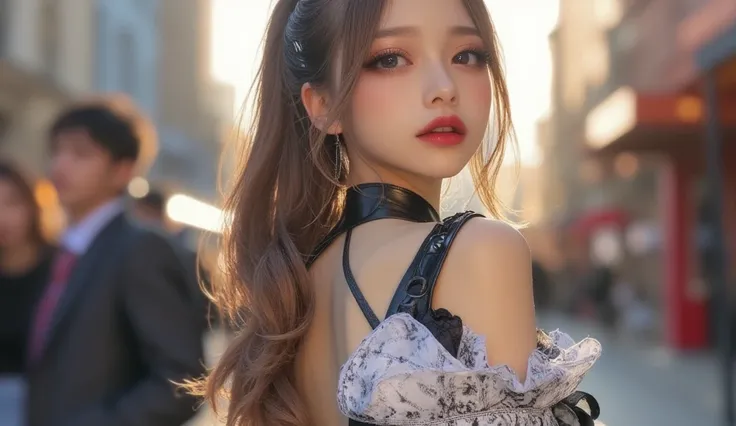  A young woman is wearing Korean makeup and looking straight ahead in a professional realistic photo style,The background is the streets of Prague and can be seen up to the waist.  ,   The image is full of professional photographic realism at full resoluti...